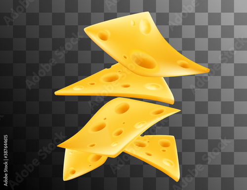 Pieces of cheese in the air realism style vector illustration on transparent background