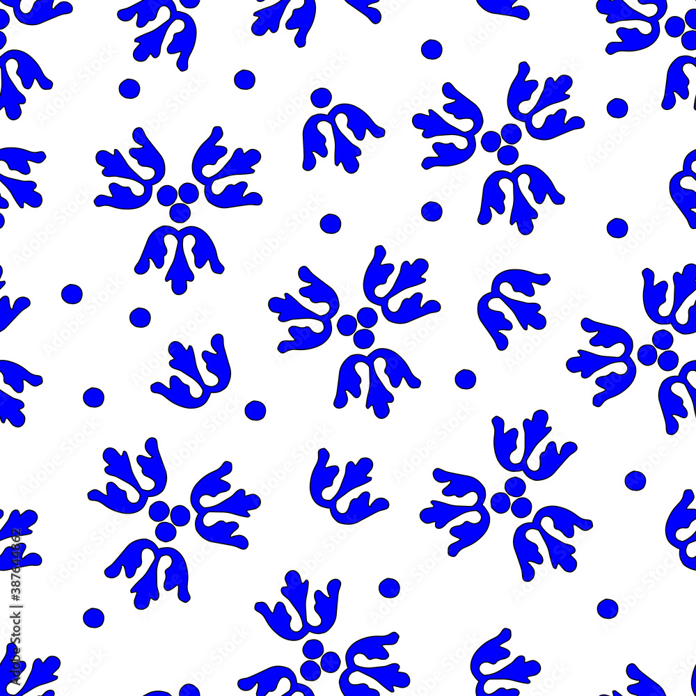 Vector seamless pattern of blue hand-drawn circles and leaves isolated on a white background. Seamless pattern Vector seamless pattern of blue hand-drawn circles and leaves isolated on a white background. Seamless pattern