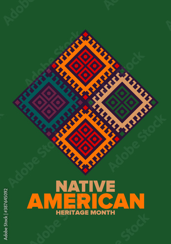 Native American Heritage Month in November. American Indian culture. Celebrate annual in United States. Tradition pattern. Poster, card, banner and background. Vector ornament, illustration