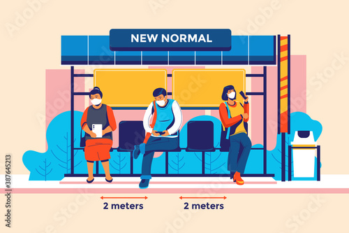 New normal lifestyle physical distance on bus stop and bus station Vector Illustration Concept