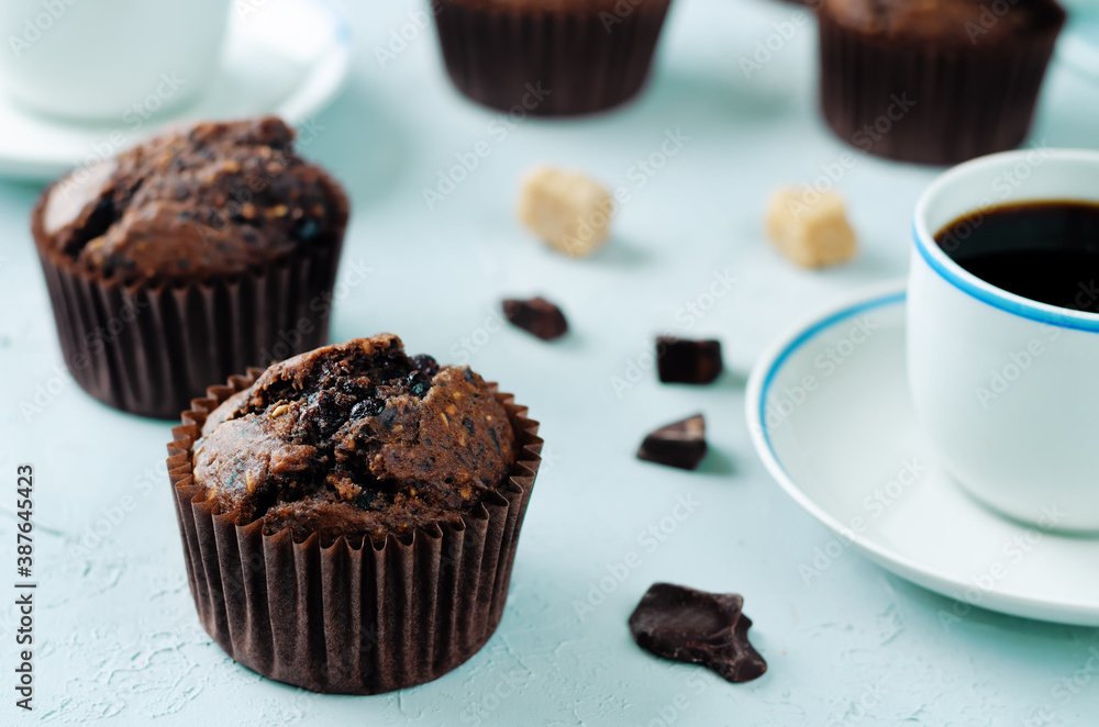 Chocolate chips oats chocolate muffins with coffee Chocolate chips oats chocolate muffins with coffee