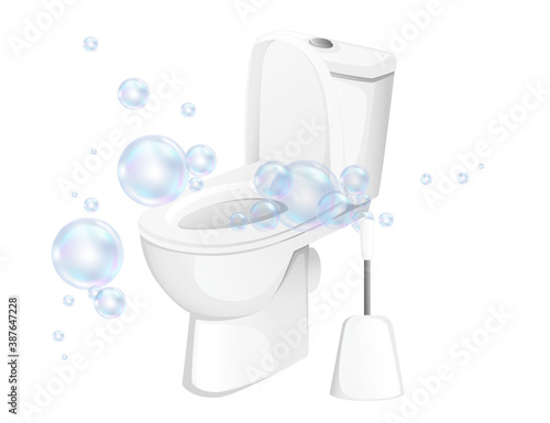 White ceramic toilet with bowl tank and brush concept clean toilet with bubbles vector illustration