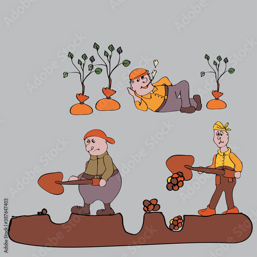 two workers are digging holes, one is resting