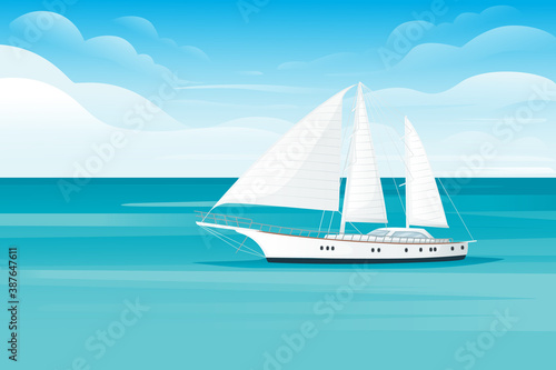 Sailing yacht floating on the blue sea or ocean landscape summer day with cloud flat vector illustration