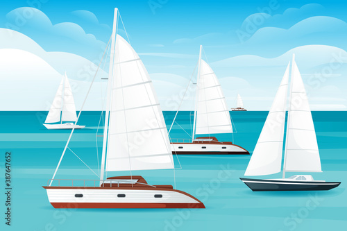 Sailing yacht floating on the blue sea or ocean landscape summer day with cloud flat vector illustration