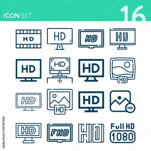 Simple set of 16 icons related to hd