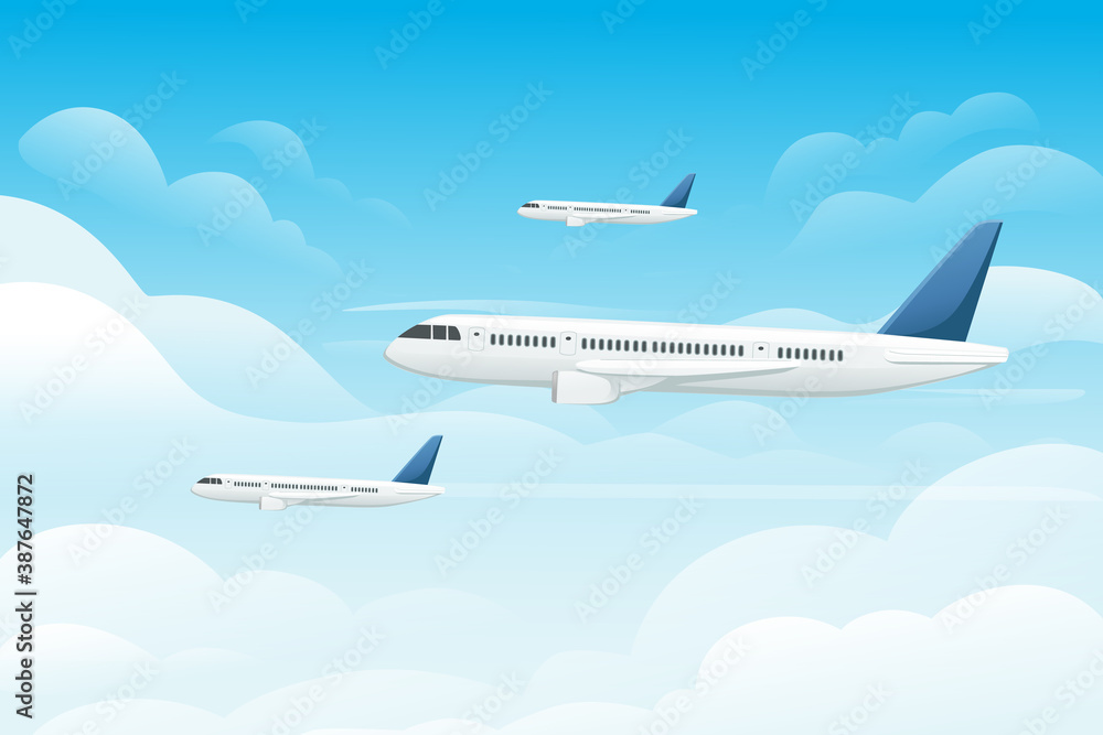 Big white passenger airplanes turbine jet plane in blue sunny sky flat vector illustration