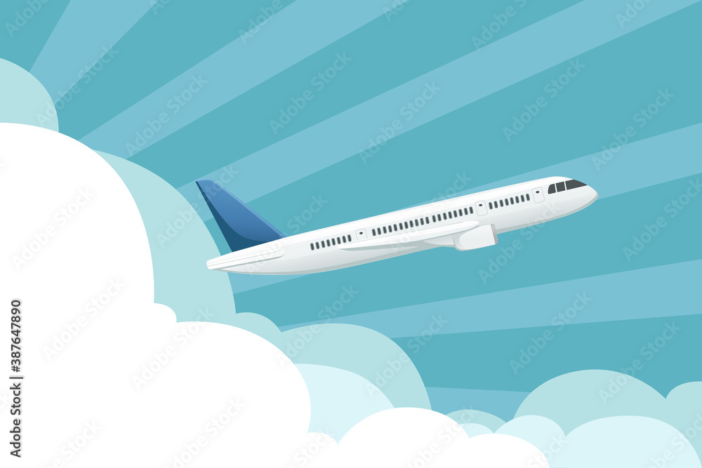 Big white passenger airplane turbine jet plane in blue sunny sky flat vector illustration