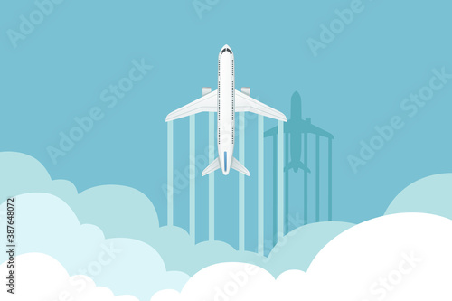 Big white passenger airplane turbine jet plane in blue sunny sky flat vector illustration