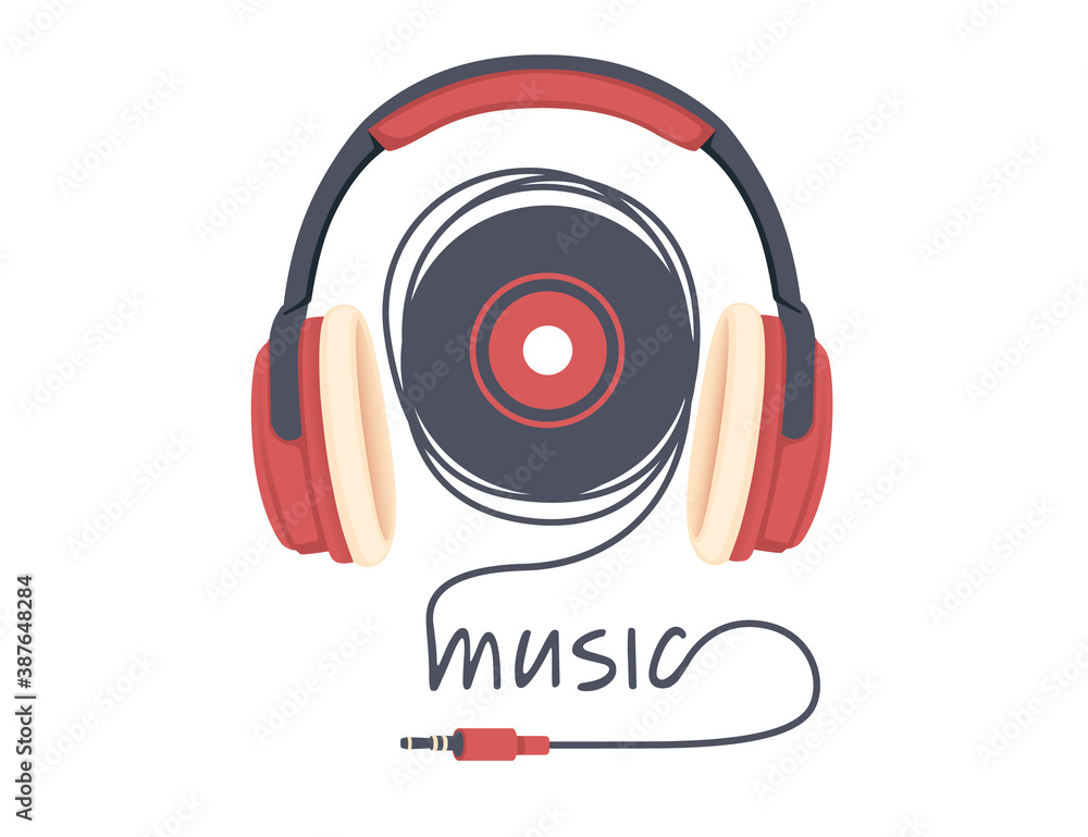 Old retro style professional headphone with wired style music text flat vector illustration Old retro style professional headphone with wired style music text flat vector illustration