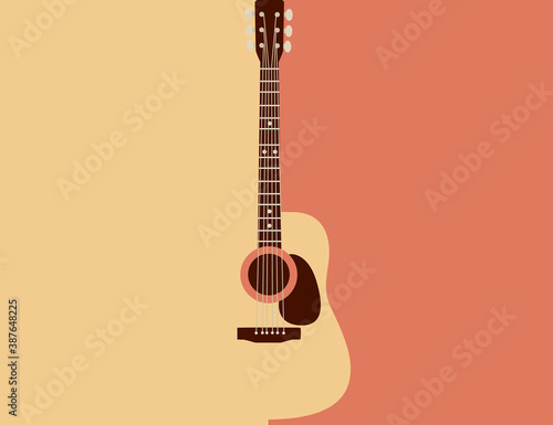 Acoustic guitar classical vintage music instrument flat vector illustration on yellow and orange background