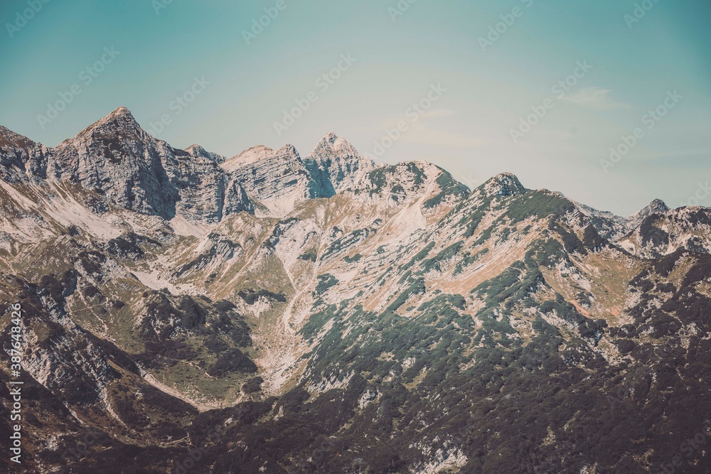 Mountain peaks in summer in Julian Alps in Slovenia in Triglav national park