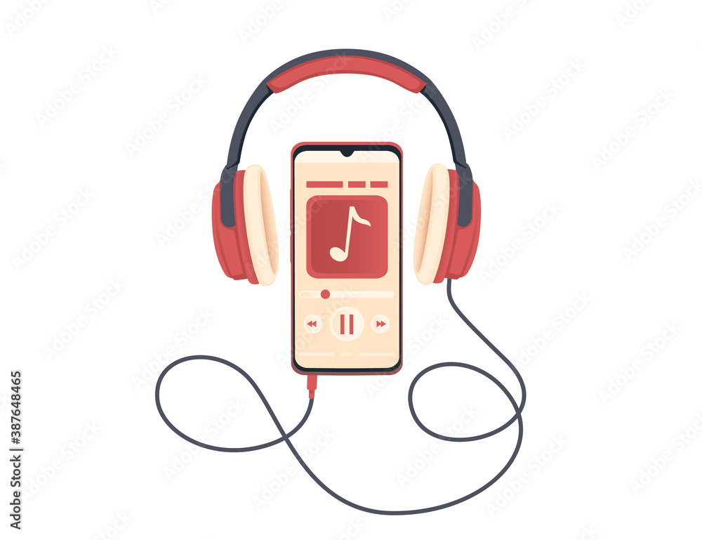 Wired old retro style professional headphone connected to smartphone and play music flat vector illustration Wired old retro style professional headphone connected to smartphone and play music flat vector illustration