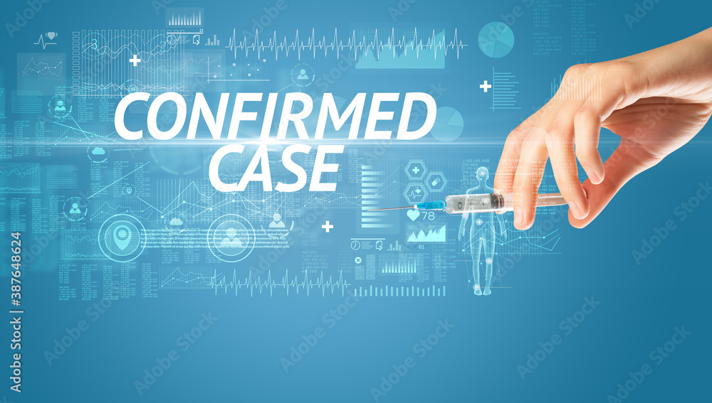 Syringe needle with virus vaccine and CONFIRMED CASE inscription, antidote concept Syringe needle with virus vaccine and CONFIRMED CASE inscription, antidote concept