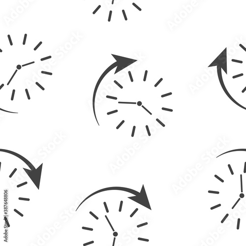 Vector clock and arrow icon indicating clockwise direction, time up seamless pattern on a white background.