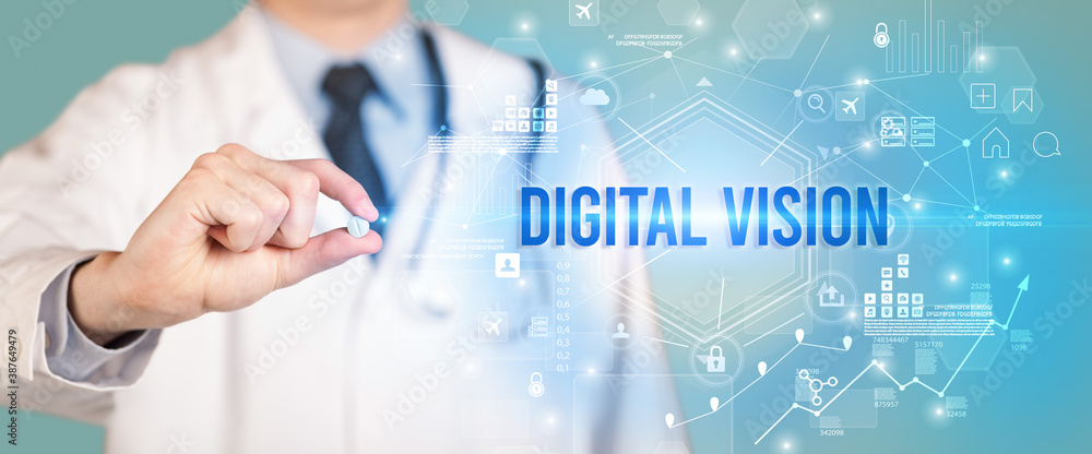 Doctor giving a pill with DIGITAL VISION inscription, new technology solution concept Doctor giving a pill with DIGITAL VISION inscription, new technology solution concept