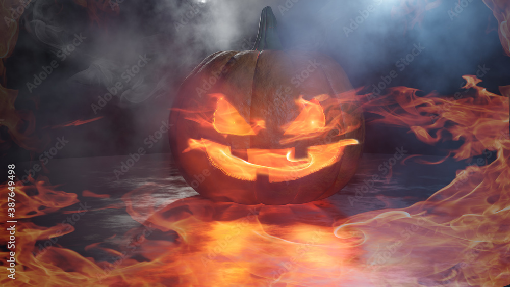 Fantasy scene of a pumpkin burning head on the imperfect ground with reflection. Fire framing image. Foggy night. Halloween scene. 3D rendering. Fantasy scene of a pumpkin burning head on the imperfect ground with reflection. Fire framing image. Foggy night. Halloween scene. 3D rendering.