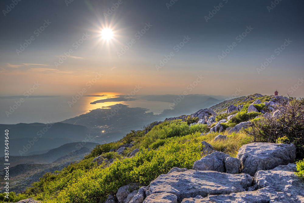 Panorama of city and the surrounding area, a view from Mosor mountain. Sunset in Split, Croatia.