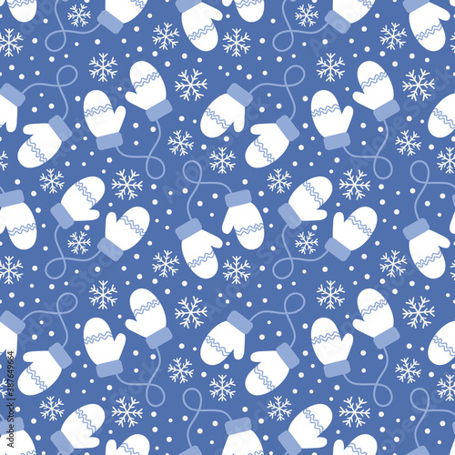 Vintage winter seamless pattern with mittens and snowflakes on blue background. Vector illustration
