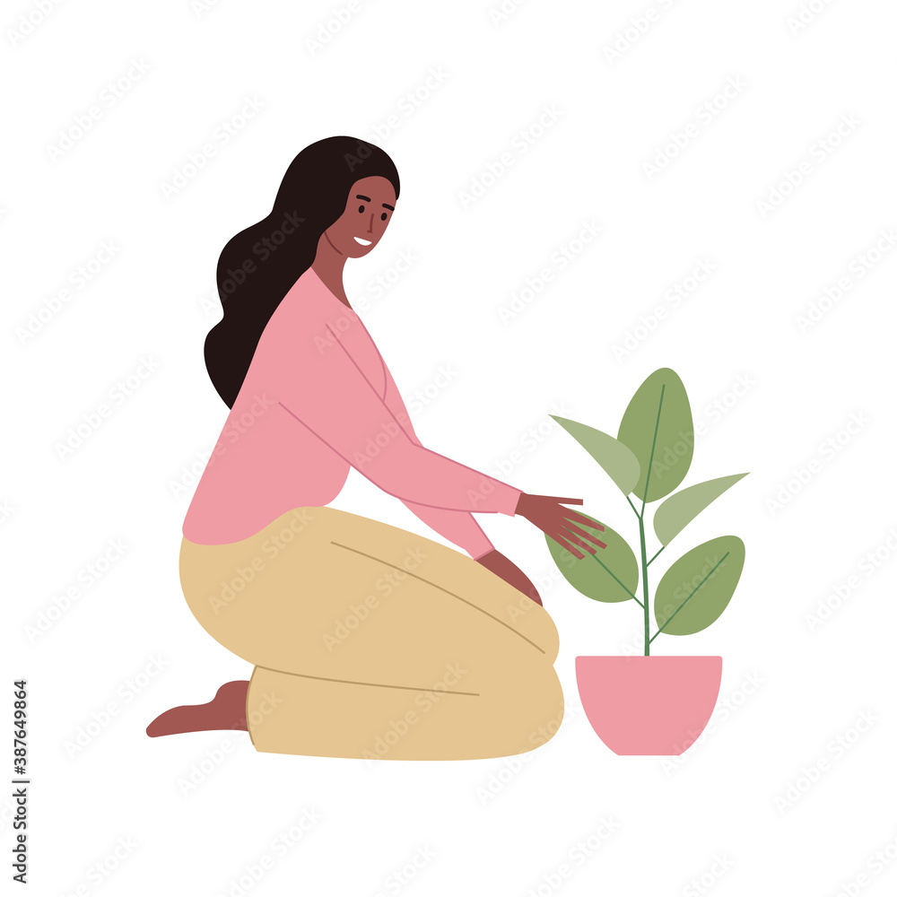 Plant lady with room plant. Urban jungle. Female character. Vector illustration, flat simple design Plant lady with room plant. Urban jungle. Female character. Vector illustration, flat simple design