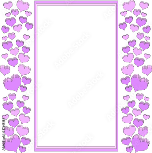 A romantic soft pink or purple frame, white sheet of paper or the screen of the phone. Beautiful hearts on each side. Greeting card for Valentine's Day, anniversary, wedding
