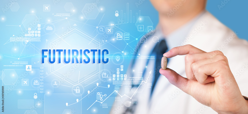Doctor giving a pill with FUTURISTIC inscription, new technology solution concept Doctor giving a pill with FUTURISTIC inscription, new technology solution concept