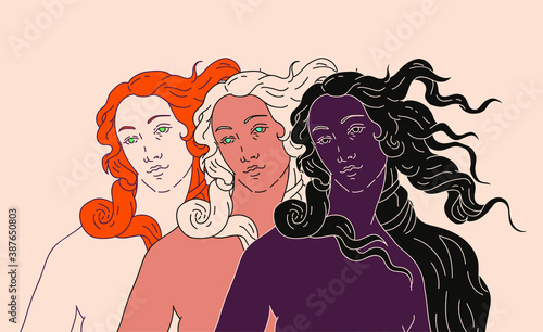 Modern vector line art Illustration or the Venus or Aphrodite Goddess  in doodle sketch style. Diverse women of different ethnicity and appearance. Poster about Feminism and Woman Power issues.
