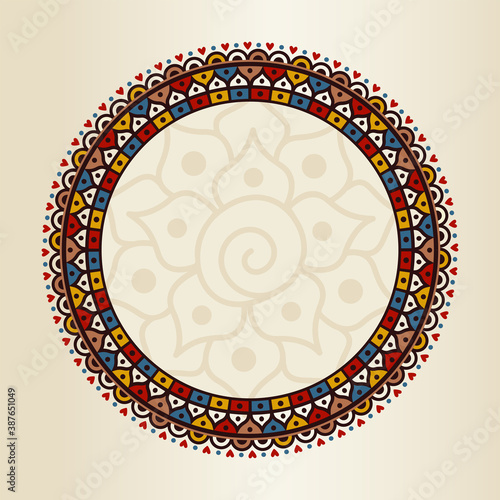 Indian Asian Oriental ethnic round multicolored frame with empty space for text or photo. For invitations, announcements and photo frame