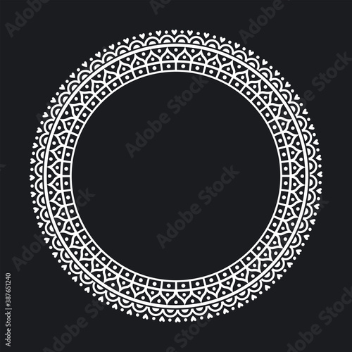 Asian Indian Oriental ethnic round frame with empty space for text or photo. For invitations, announcements and photo frame. Black and white