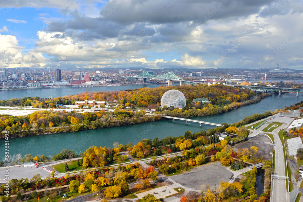 Aerial view of Montreal City Biosphère on Notre-Dame Island with colourful autumn threes