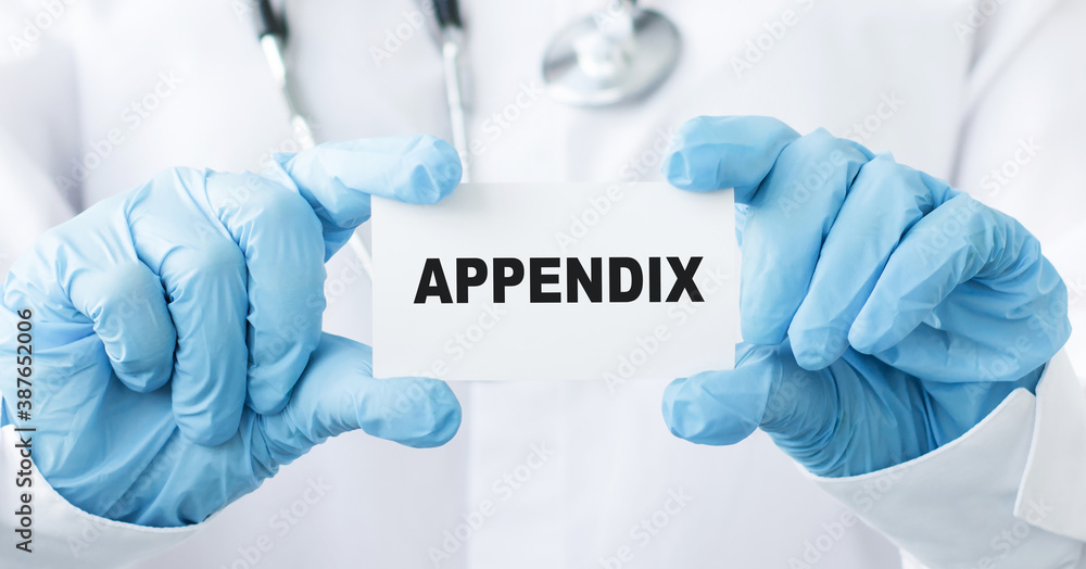 doctor hands holding a card with APPENDIX text. Healthcare concept. doctor hands holding a card with APPENDIX text. Healthcare concept.