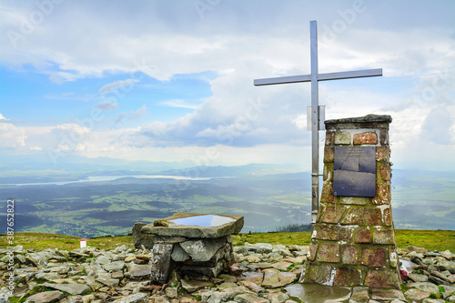 The cross on the pride of Babia Mountains in Poland, a beautiful landscape