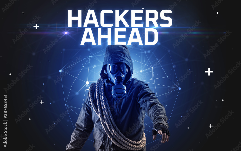 Mysterious hacker with HACKERS AHEAD inscription, online attack concept inscription, online security concept