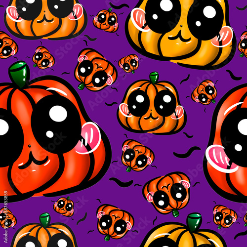 pattern for halloween. funny pumpkins on purple background