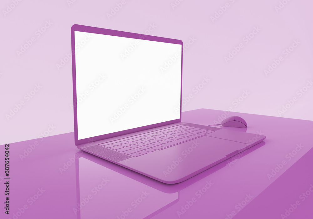 laptop on the reflective purple table, mockup monitor, work at home concept, workplace, 3d render laptop on the reflective purple table, mockup monitor, work at home concept, workplace, 3d render