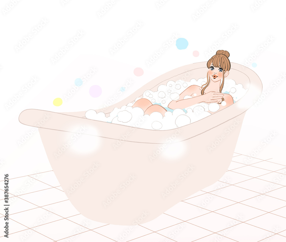 Naklejka premium 泡の風呂に入り、優雅な気持ちで心と体のお手入れをする女性のイラスト