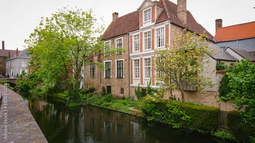 Beautiful View Of Authentic Houses Above The Canal In The Belgian City Of Bruges.