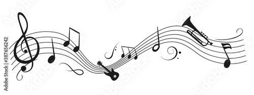 Music notes wave, group musical notes with a musical instrument – vector