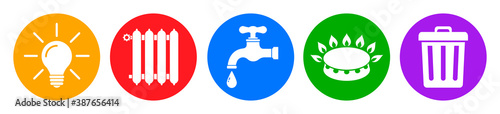 Utilities icons in flat style: lighting, heating, water, gas, waste – stock vector