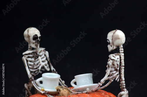 halloween concept - two skeletons drinking tea on pumpkin table against black background. Horizontal image photo