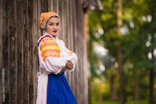Beautiful woman wearing traditional Eastern Europe folk costumes.  Slovak folklore.