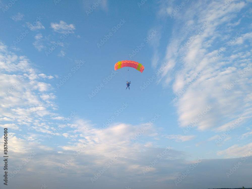 A skydiver with a bright orange sports parachute wing flies before landing in the summer against a blue sky background close up A skydiver with a bright orange sports parachute wing flies before landing in the summer against a blue sky background close up