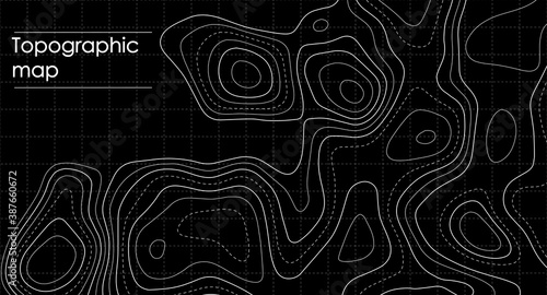 Vector contour topographic map. White lines on black background.