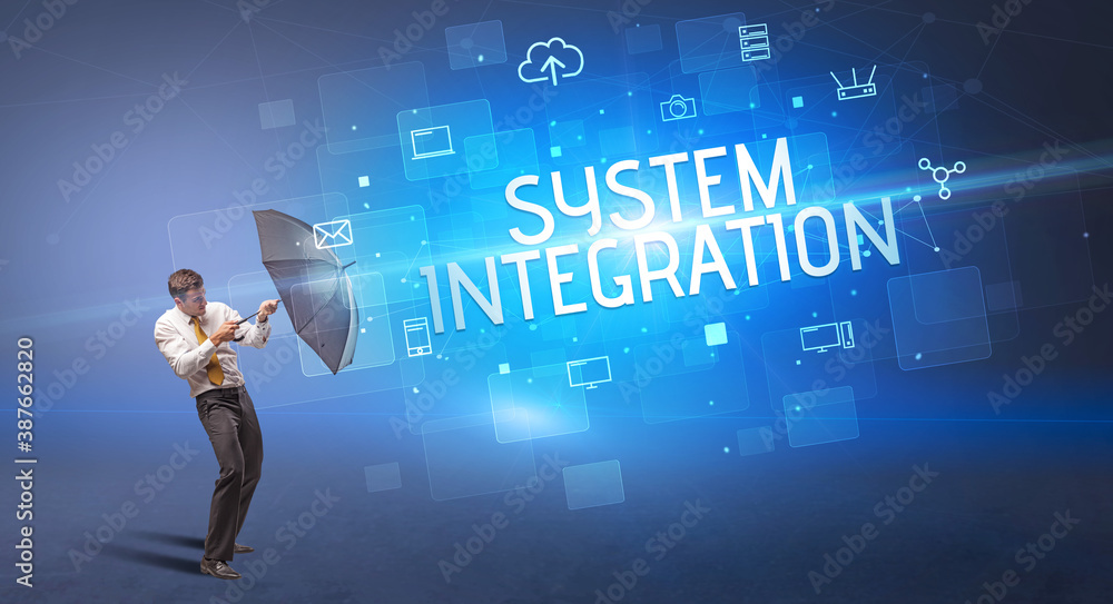 Businessman defending with umbrella from cyber attack and SYSTEM INTEGRATION inscription, online security concept Businessman defending with umbrella from cyber attack and SYSTEM INTEGRATION inscription, online security concept