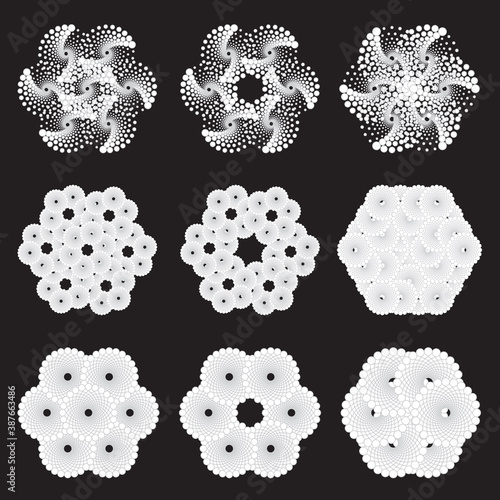 Set of decorative snowflakes. Dotted Halftone Vector Spiral Pattern or Texture