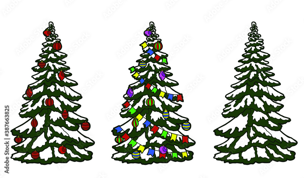 Obraz premium Vector illustration. Hand drawing art. Christmas tree covered with snow. Big spruce. A set of three decorated Christmas trees.