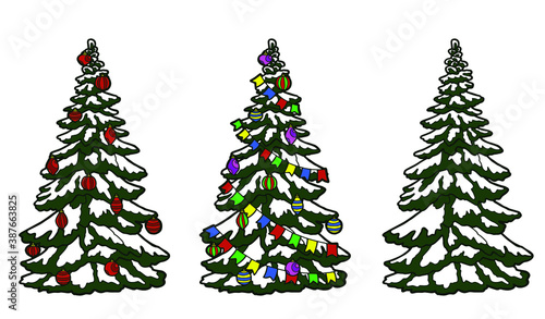 Vector illustration. Hand drawing art. Christmas tree covered with snow. Big spruce. A set of three decorated Christmas trees.