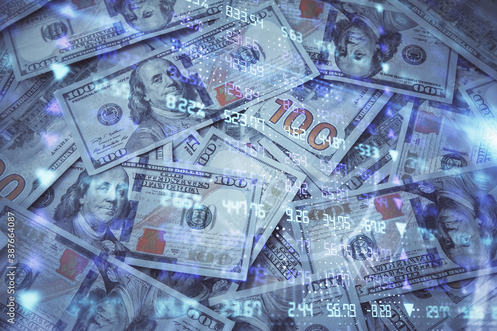 Double exposure of forex graph drawing over us dollars bill background. Concept of financial markets. Double exposure of forex graph drawing over us dollars bill background. Concept of financial markets.