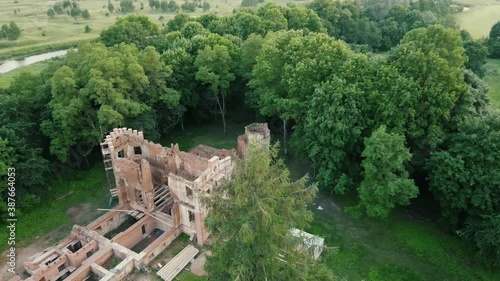 Amazing aerial view of ancient castle in the forest in Belarus.