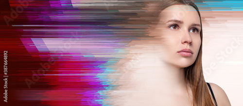 Photography Beautiful female face eith glitch effect.
